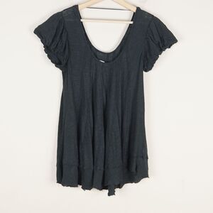 We The Free Star Black Linen Blend Washed Black Puff Sleeve Boho Top Womens XS